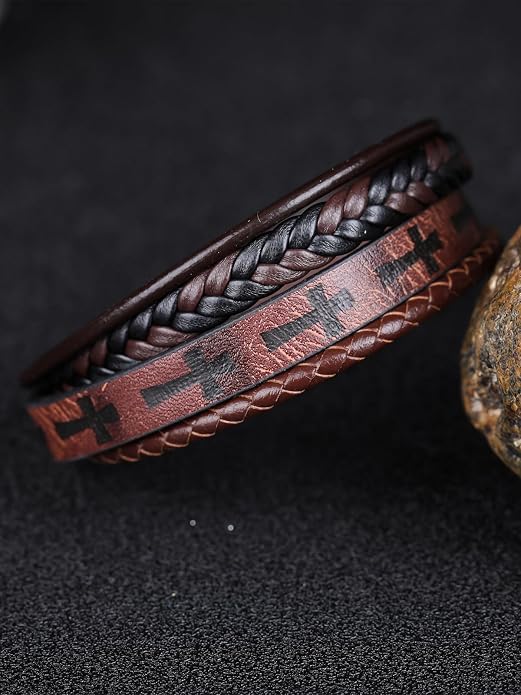 Mens Leather Cross Bracelet Multilayer Braided Wristband Bangle Bracelets with Stainless Steel Buckle Religious Gift for Men Brown/Black/Blue–8.3 inch