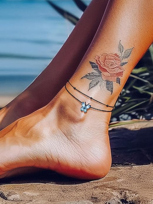Richsteel Double Layer Heart/Butterfly Birthstone Anklet for Women Non Tarnish Waterproof, Silver/Gold/Black Stainless Steel 8.5-10.5 Inch Adjustable Chain Anklets Jewelry Gifts for Her
