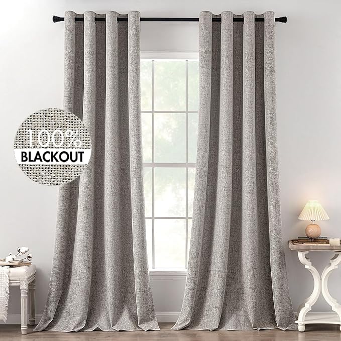 MIULEE 100% Blackout Linen Textured Curtains for Bedroom Solid Thermal Insulated Warm Taupe Grommet Room Darkening Curtains & Drapes Luxury Decor for Living Room 52 x 120 Inch (2 Panels)