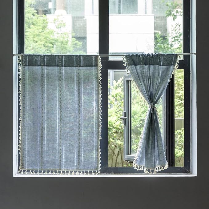 ColorBird Boho Kitchen Short Cafe Curtains 36 inch Length 2 Panels, Blue Striped Light Filtering Valances, Embroidered Window Curtains Over Sink for Laundry Room RV Camper