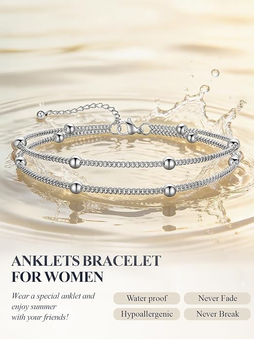 U7 Silver/Gold Ankle Bracelets for Women Layered Chain Anklets Stainless Steel Waterproof Summer Beach Anklet Cham, Adjustable 8.5"-10.5"