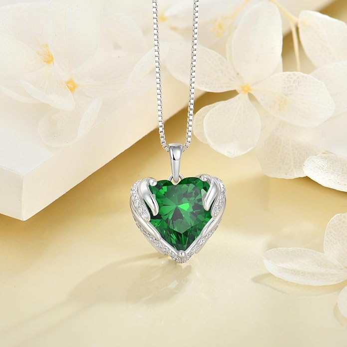 Angel Wings Necklace for Women 925 Sterling Silver Cubic Zirconia Love Heart Birthstone Pendant Necklaces