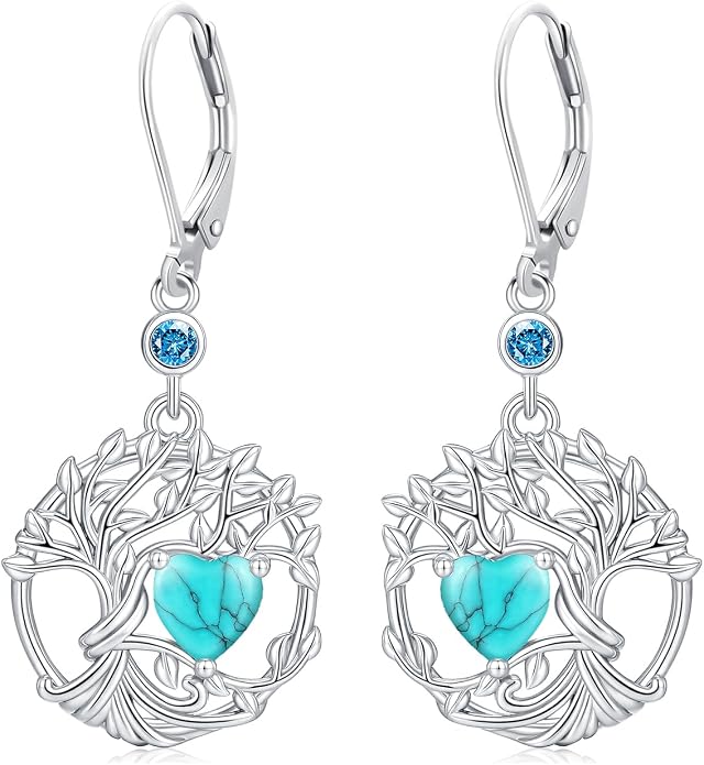 Odinstone 925 Sterling Silver Earrings Tree of Life Teardrop Moonstone Dangle Drop Leverback Earrings for Women