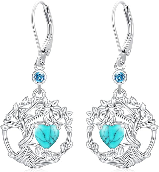 Odinstone 925 Sterling Silver Earrings Tree of Life Teardrop Moonstone Dangle Drop Leverback Earrings for Women