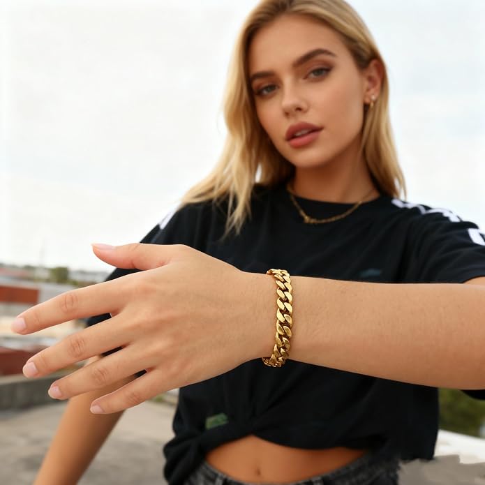 CaptainSteeL Cuban Link Chain Bracelet for Men- 316L Stainless Steel 9/10MM Width Fashion Pattern Snap Button Hip Hop Jewelry,Two Style Cuban Bracelets 18K Gold Plated/Stainless Steel with Gift Box