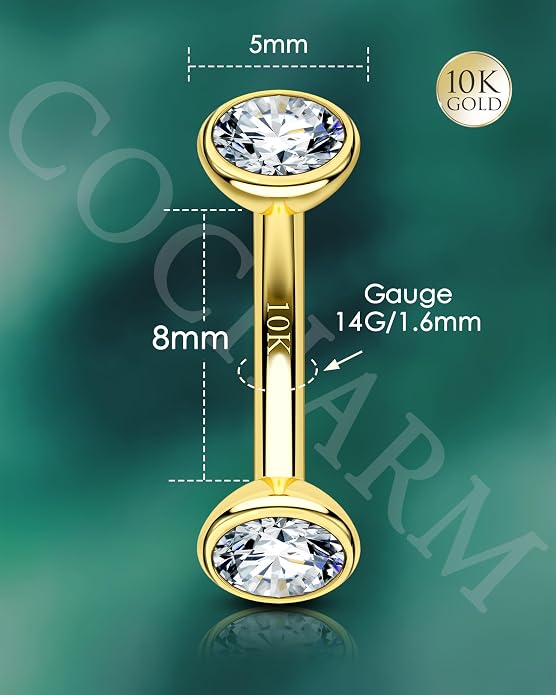 COCHARM 10K Solid Gold Belly Button Rings Internal Thread 10K Real Gold Belly Navel Rings Double CZ 10kt Yellow Gold Navel Piercing Jewelry 14g For Women Men