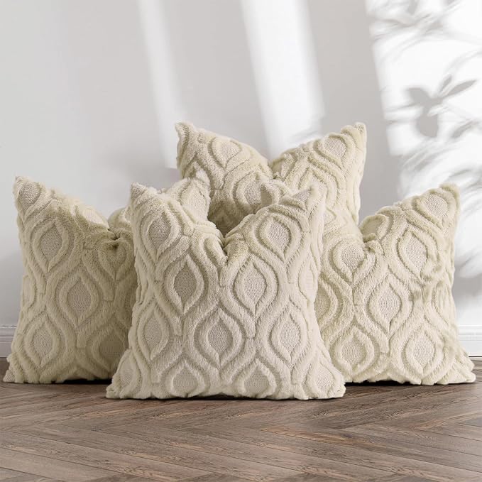 decorUhome Beige Faux Fur Soft Throw Pillow Covers 20x20 Set of 4 | Fall Neutral Decorative Plush Couch Pillow Covers, Accent Modern Farmhouse Neutral Pillow Cases for Sofa Bed Living Room