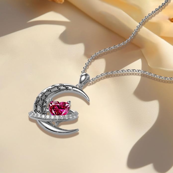 Distance I Love You to The Moon and Back Necklace for Women, S925 Sterling Silver Forever Love Heart Birthstone Necklace, Anniversary Birthday Jewelry for Wife Lover