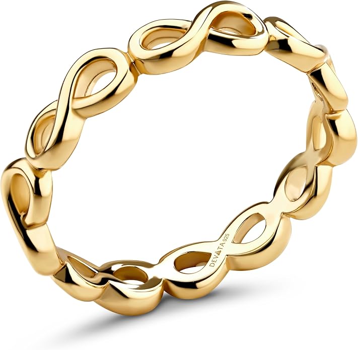 DEVATA Gold or Rhodium Plated Sterling Silver 925 – Eternity, Band Ring for Women – Heart, Knot, Clover, Infinity, Mariner, Cable, Curb, Cuban, Figaro, Daisy, Rope, Ribbed, Dome