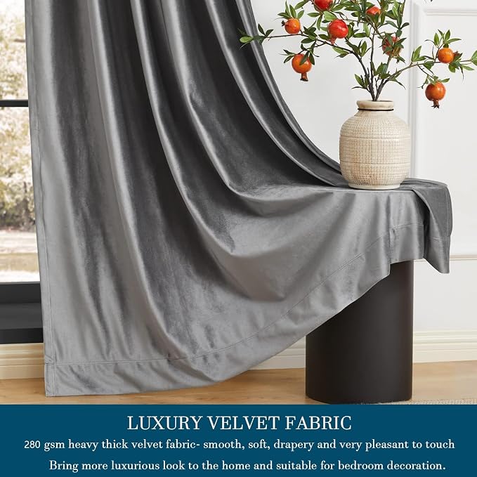 PRIMROSE Dark Grey Velvet Curtains 102 inch Long for Living Room,Set of 2 Panels Blackout Rod Pocket Back Tab Window Treatment Room Darkening Heavy Decorative Curtains Drapes for Bedroom