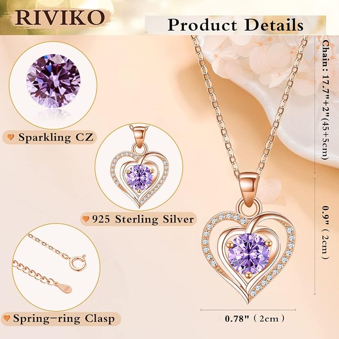 RIVIKO Heart Birthstone Pendant Necklace for Women 925 Sterling Silver Zirconia Necklaces Valentine's Day Anniversary Birthday Mothers Day Jewelry Gifts For Her Mother Wife