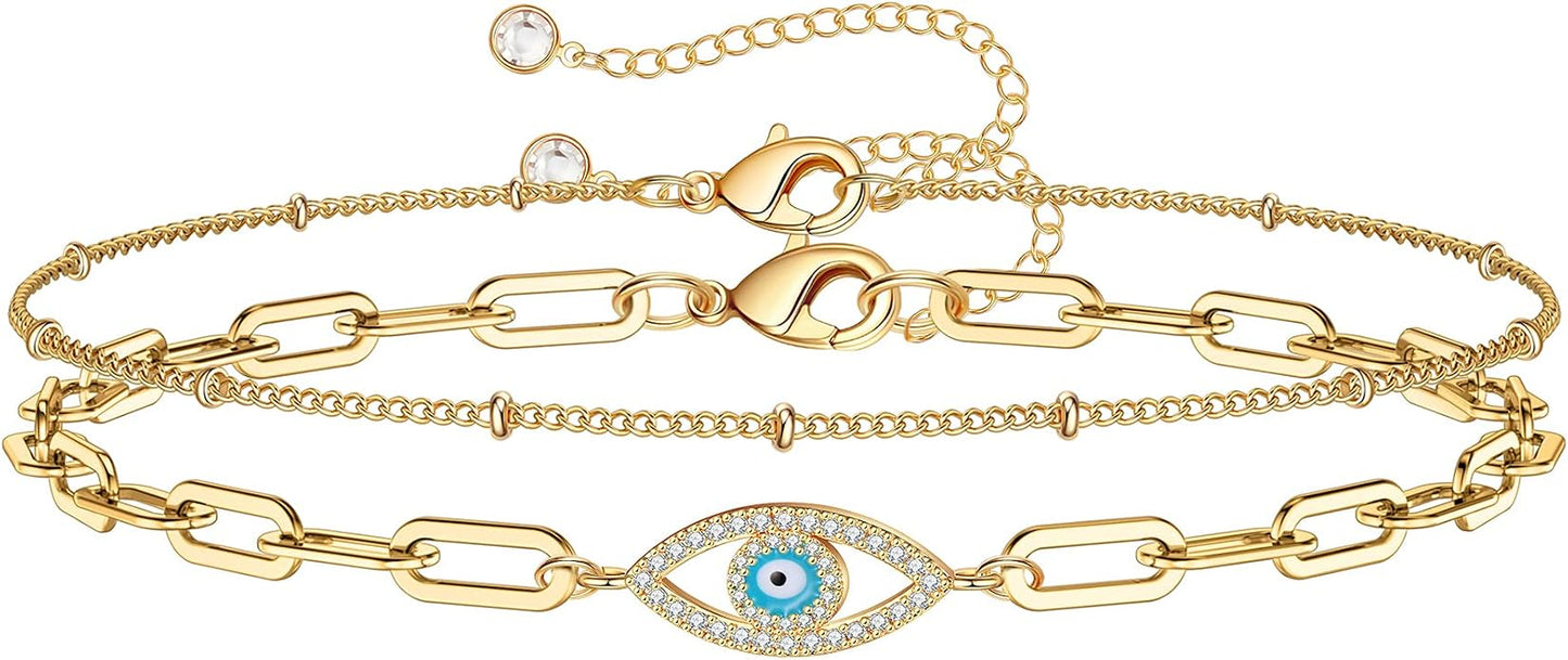 Dainty Gold Bracelets for Women, 14K Gold Plated Adjustable Layered Beads Bracelet Cute Evil Eye Oval Chain Pearl Bar Turtle Gold Bracelets for Women Jewelry