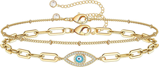 Dainty Gold Bracelets for Women, 14K Gold Plated Adjustable Layered Beads Bracelet Cute Evil Eye Oval Chain Pearl Bar Turtle Gold Bracelets for Women Jewelry