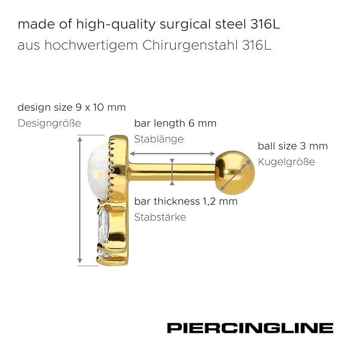 PIERCINGLINE 16G Surgical steel 316L ear piercing jewelry | SETTED CRYSTALS + SYNTHETIC OPAL | Helix Tragus Cartilage Stud earring