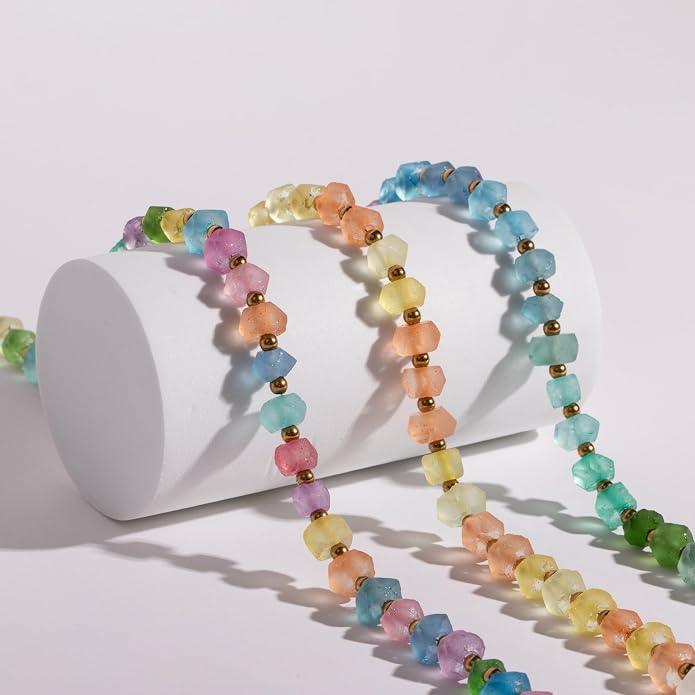 Chunky Frosted Sea Glass Beaded Necklace for Women - Handmade Recycled Glass, 18K Gold Plated or Silver Toned Stainless Steel, Adjustable 16-18 inch Boho Statement Necklace