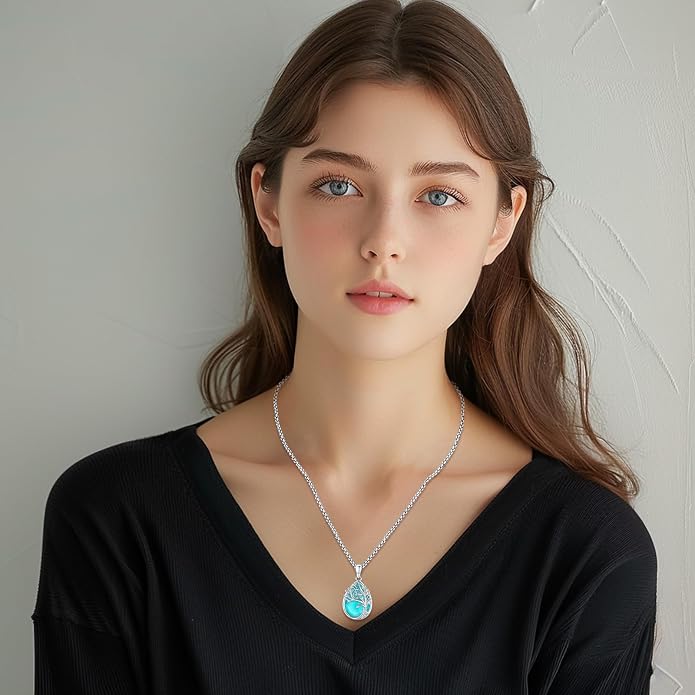 Sterling Silver Tree of Life Necklace for Women Oval Family Tree Necklace Abalone Shell Moonstone Pendant Mother Day Necklace for Mom Tree of Life Jewelry