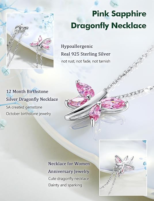 925 Sterling Silver Birthstone Necklaces for Women, Dainty Cute Dragonfly/Butterfly Pendant Necklace, Great Christmas/Anniversary Jewelry for Mother