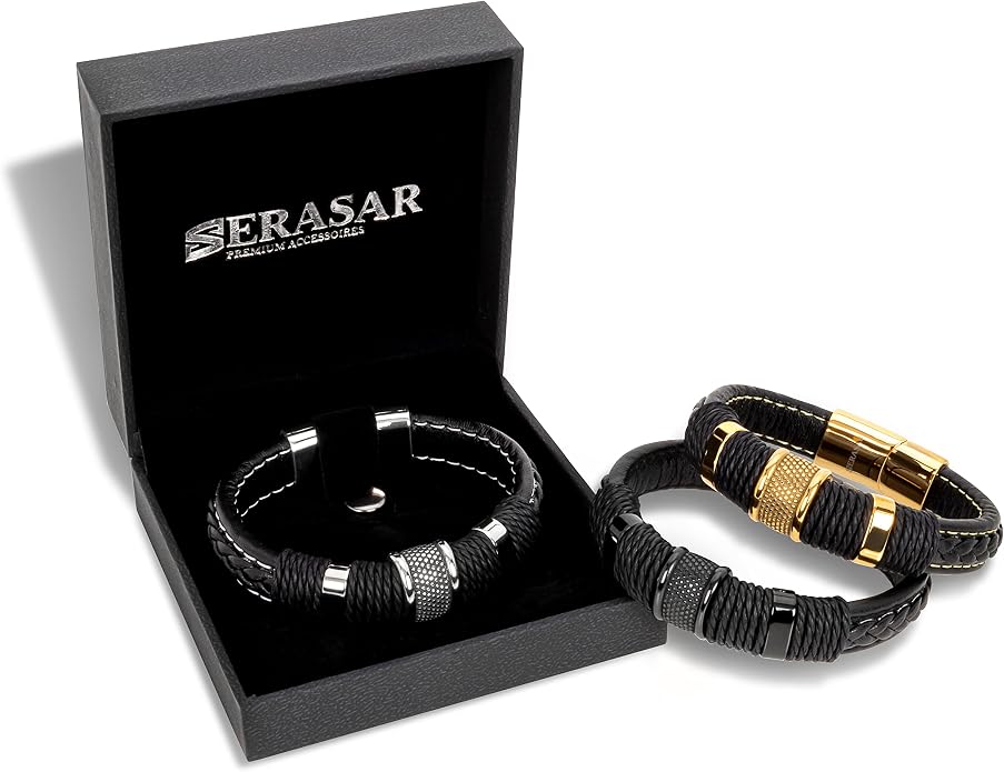 SERASAR Premium Leather Bracelet Men | Stainless Steel Magnetic Clasp | Three Colors | Jewelry Box Included