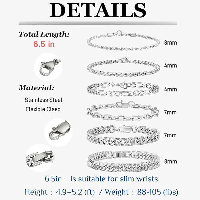 XIANNVXI 6pcs Bracelets for Men Gifts for Him Stainless Steel Bracelet Silver/Gold/Black Cuban Link Rope Paperclip Chain Bracelets Set 6.5/7/7.5/8.3/9 Inches Metal Bracelet Mens Fashion Accessories Jewelry Gifts Set