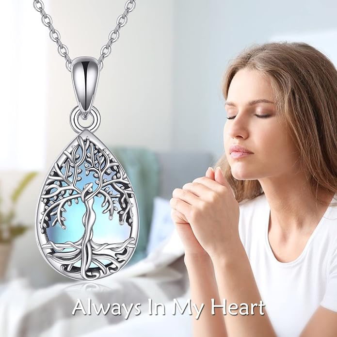 ONEFINITY Tree of Life Urn Necklace for Ashes Sterling Silver Moonstone Black Onyx Mass Agate Cremation Necklace for Ashes Keepsake Memory Jewelry for Women