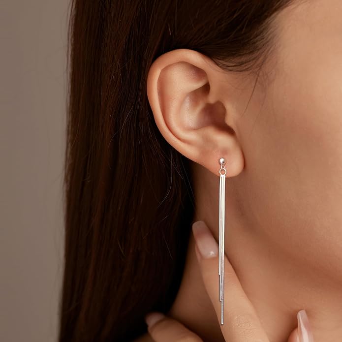 925 Sterling Silver Tassel Chain Dangle Earrings for Women Sparkling Long Fringe Dangle Drop Earrings Bling Line Minimalist Wedding Studs Earring Jewelry Birthday Christmas Gifts for Her
