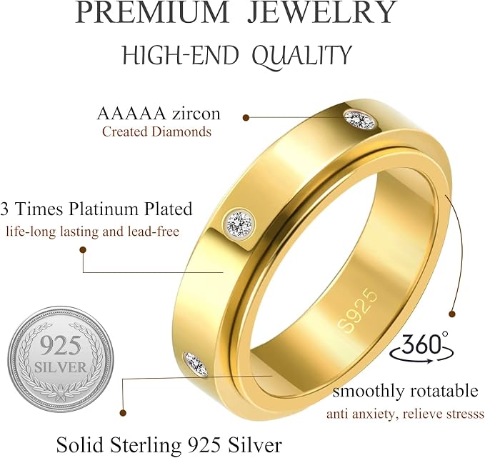 Fidget Ring Spinner Ring for Anxiety Women Men Daughter Real S925 Sterling Silver Fidget Ring