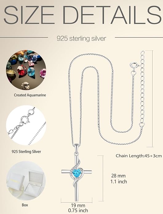 Cross Necklace 925 Sterling Silver Infinity Pendant Heart Birthstone Anniversary Jewelry for Women