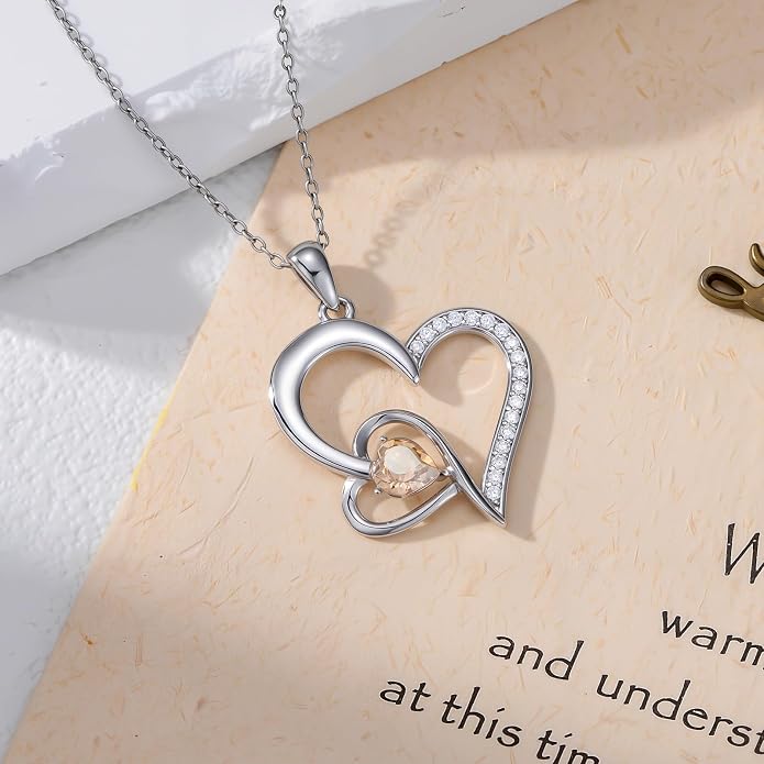 Heart Necklace 925 Sterling Silver Birthstone Necklace for Women Pendant Anniversary Birthday Jewelry Christmas Gifts for Mom Her Wife