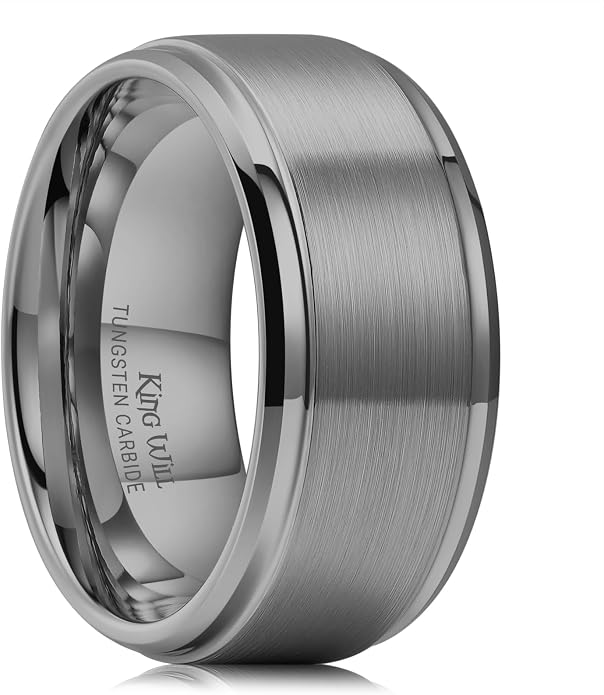 King Will Classic Tungsten Wedding Band for Men, 6/7/8/9/10mm Widths, Polished Finish Step Edge Matte Rings Comfort Fit