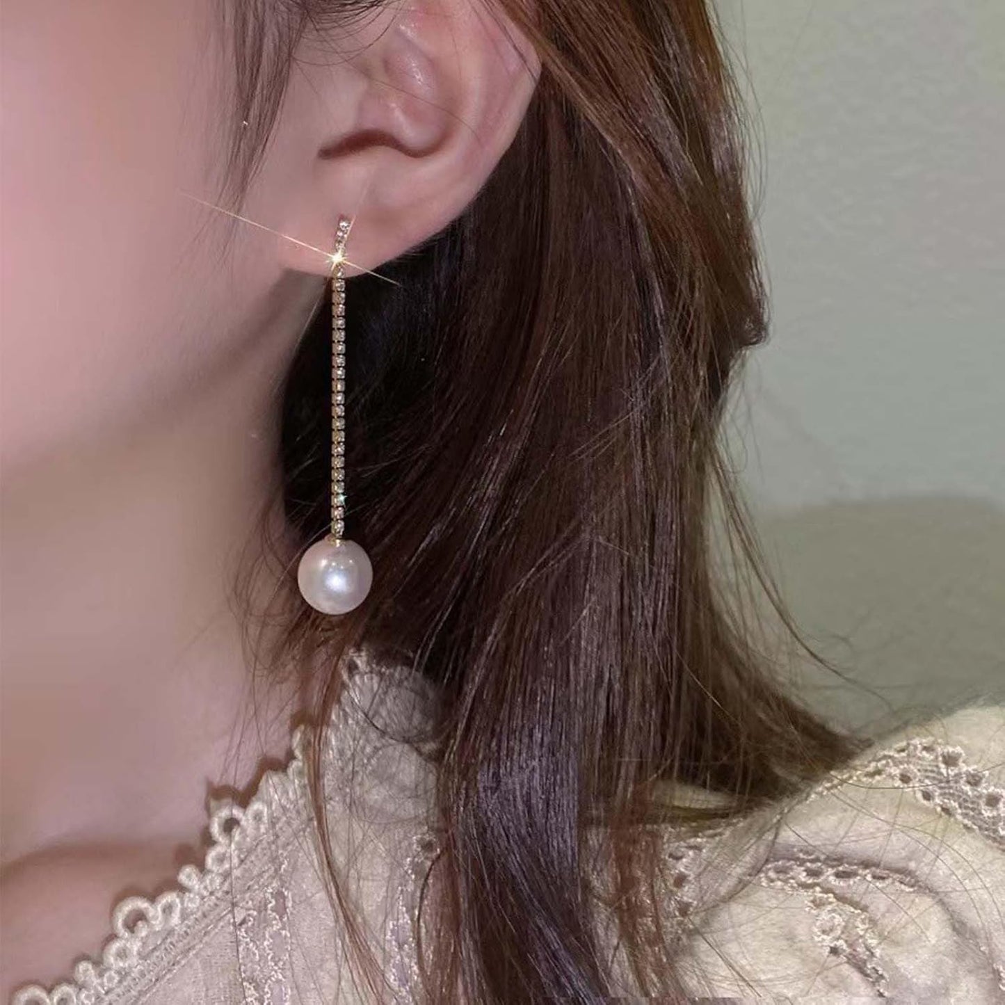 Vintage Rhinestone Pearl Drop Earrings Gold Long Tassel Pearl Earrings Linear Crystal Chain Earrings Cz Rhinestone Tennis Earrings Jewelry for Women