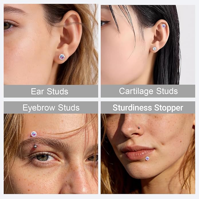 Flat Back G23 Titanium Stud Earrings, Hypoallergenic Titanium Cubic Zirconia Piercing Ear Studs, Versatile Eyebrow Lip Labret Cartilage Helix Sleeper 18G Jewelry for Women Men
