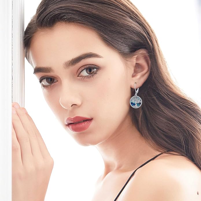 925 Sterling Silver Earrings Tree of Life/Cat/Animal/Turquoise/Moonstone Dangle Drop Earrings for Women Leverback Earring Hypoallergenic Jewelry Gifts
