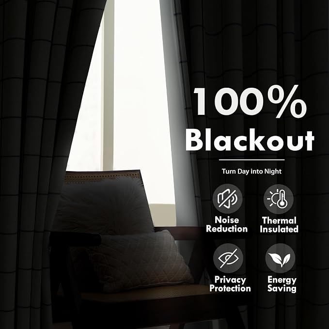DriftAway 100% Blackout Plaid Linen Curtains 84 Inches Long 2 Panels Black | 100% Blackout, Linen Texture, Plaid Pattern, Two Layers, Rod Pocket & Back Tab, Bedroom Living Room Use, Luxury Appearance