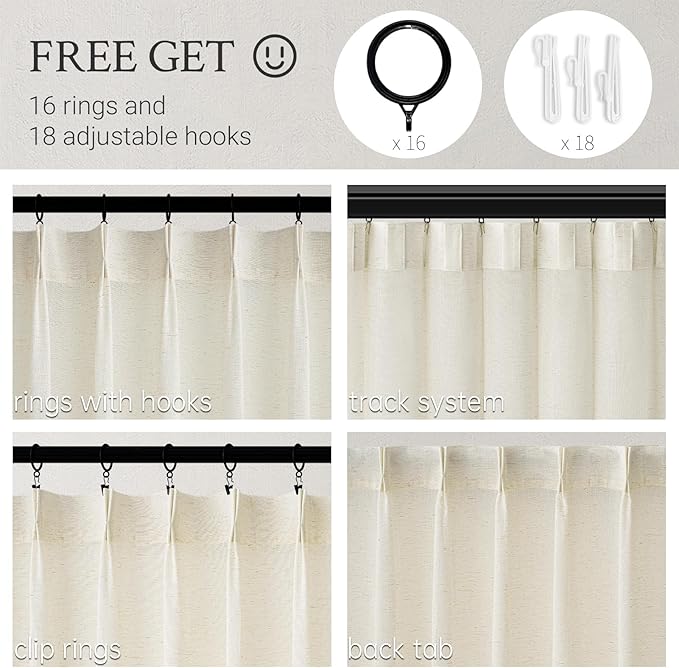 Topfinel 105 Inch Curtains 2 Panels Set,Two Packs Pinch Pleat Back Tab Linen Window Semi Sheer Privacy Thick Decorative Curtain Drapes for Living Room Bedroom,40x105 in Long,Ivory/Natural