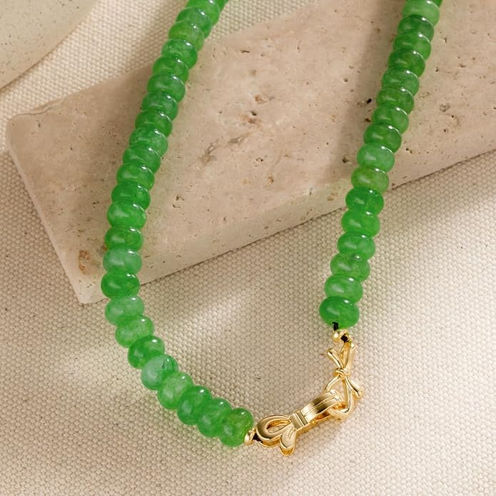 NLIEO Rainbow Colorful Gemstone Beaded Choker Necklace for Women 14K Gold Bow Birthstone Beads Chokers 18inches