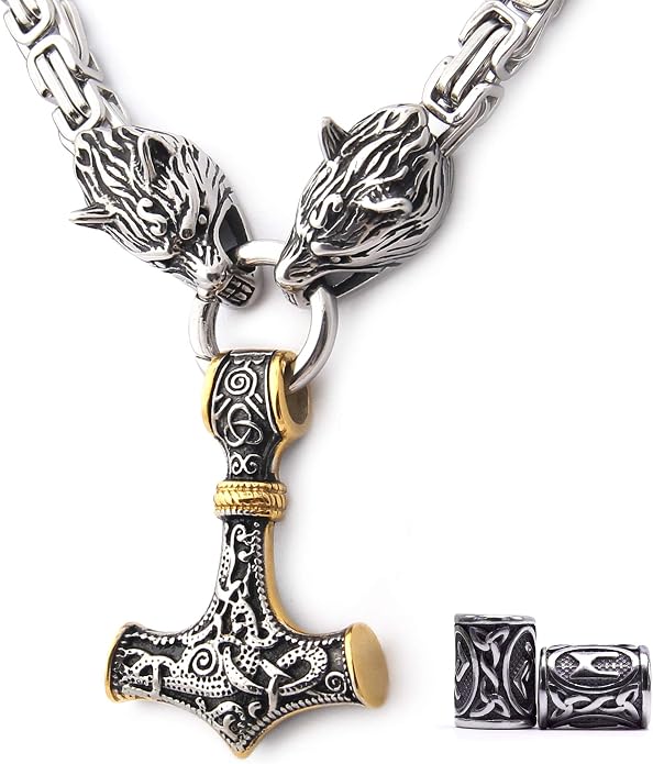 Wolf Head Pendant Necklace Nordic Viking Wolf Fenrir Necklace for Men Women, Adjustable Length Cotton Cord, Rune Beard Bead Gift