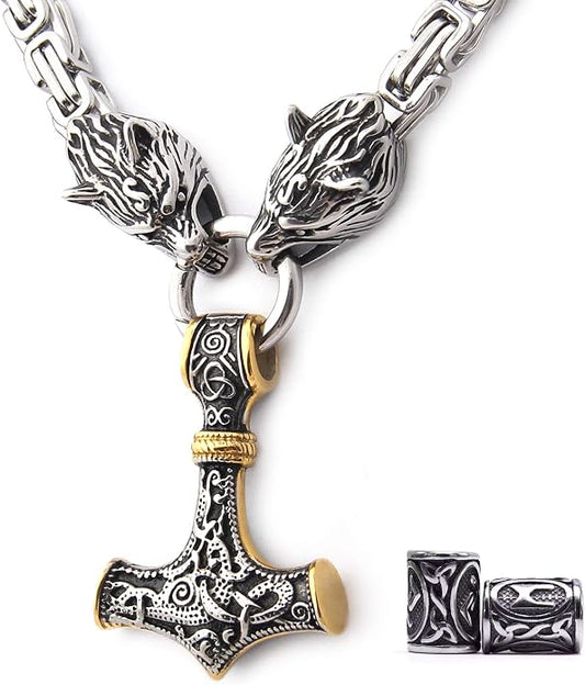 Wolf Head Pendant Necklace Nordic Viking Wolf Fenrir Necklace for Men Women, Adjustable Length Cotton Cord, Rune Beard Bead Gift