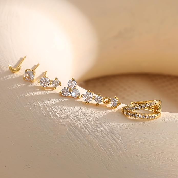 6 Pairs 14K Gold Plated Stud Earrings for Women, Hypoallergenic Cartilage Earrings for Multiple Piercing, Dainty Small Stackable Earrings Set for Jewelry Gift