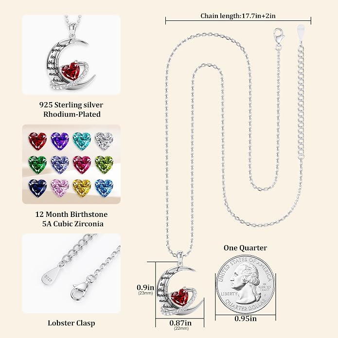 Distance I Love You to The Moon and Back Necklace for Women, S925 Sterling Silver Forever Love Heart Birthstone Necklace, Anniversary Birthday Jewelry for Wife Lover
