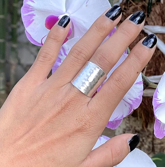 Hammered Sterling Silver Handmade Classic Wide Band Boho Statement Ring, Shiny Finish Wrap Band Adjustable to Sizes 6-12, Also as Thumb Ring, Gift for Her