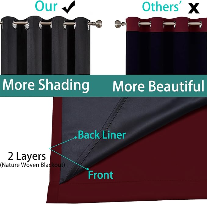 Yakamok Wine Red 100% Blackout Curtains 84 Inches Long 52" Wide 2 Panels | Blackout Curtain Panels for Bedroom, 2 Thick Layers Grommet Top Thermal Insulated Drapes with Black Liner for Living Room