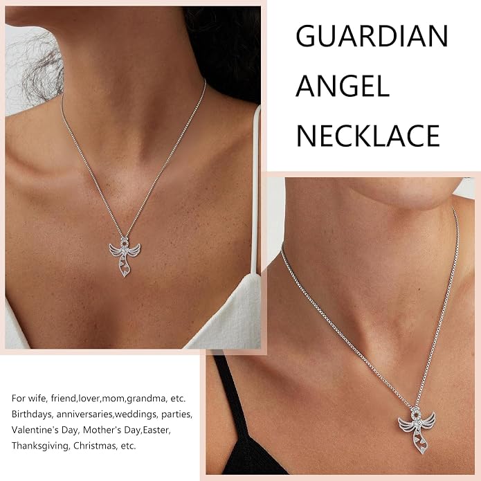 925 Sterling Silver Guardian Angel Pendant Necklace for Women - Birthstone Cubic Zirconia, 18" Chain, Gift for Her