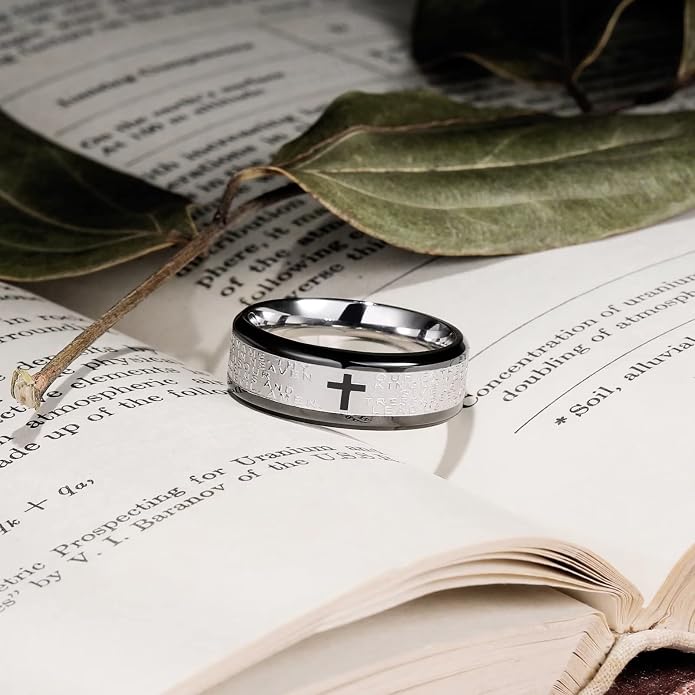 King Will Stainless Steel Men Ring Lord's Prayer Cross Ring Stainless Steel Men Wedding Ring, Wedding Band Bible Engraved Rings High Polished, Comfort Fit
