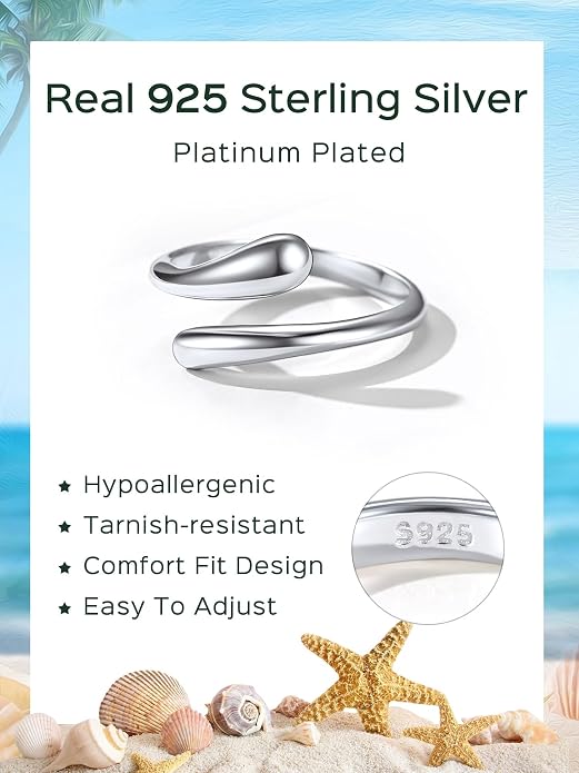 ChicSilver 925 Sterling Silver Toe Ring Minimalist Hypoallergenic Adjustable Band Ring Summer Beach Bare Foot Jewelry