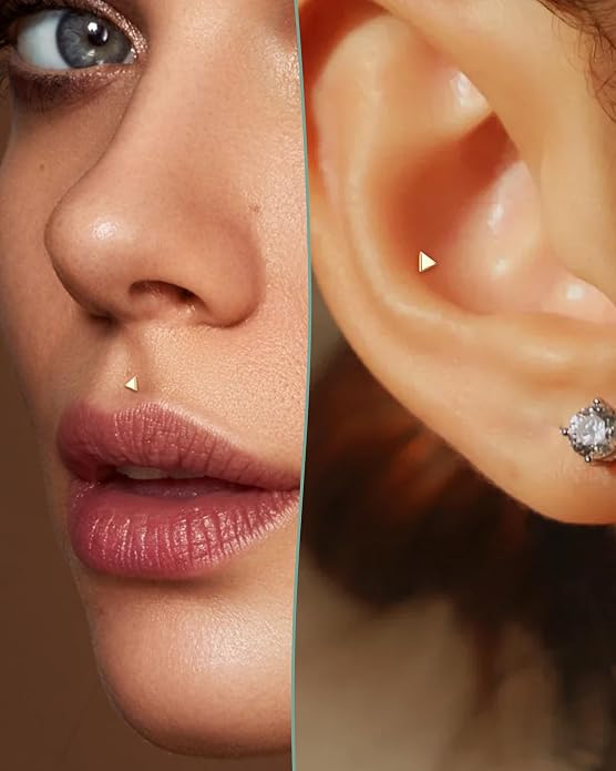 COCHARM 14K Real Gold Helix Tragus Cartilage Piercing Jewelry-Titanium Post-Threadless Tragus Conch Cartilage Earring Stud Flat Back 16g Labret Stud 6mm, 8mm Push Pin Triangle Medusa Jewelry