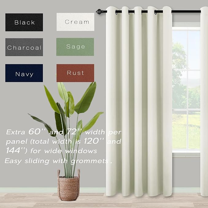 KOUFALL Drapes for Living Room,Half Blackout 72 Inch Wide 96 Inches Long Curtains 2 Panel Set with Rings Top,Natural Linen Color