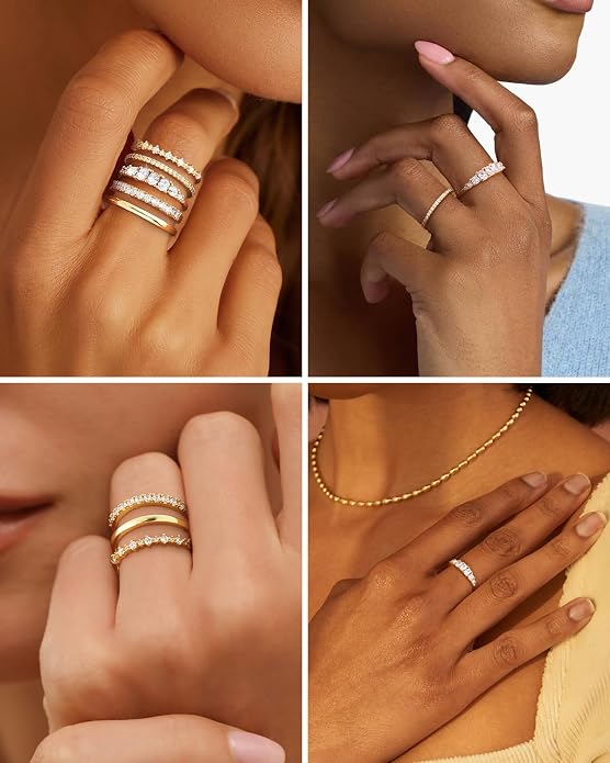 Stackable Silver/Gold Rings for Women Non Tarnish Trendy Dainty 14K Gold Plated Stacking Cubic Zirconia Thumb Ring Set Minimalist Promise Wedding Bands Engagement Rings for Women Size 6-10