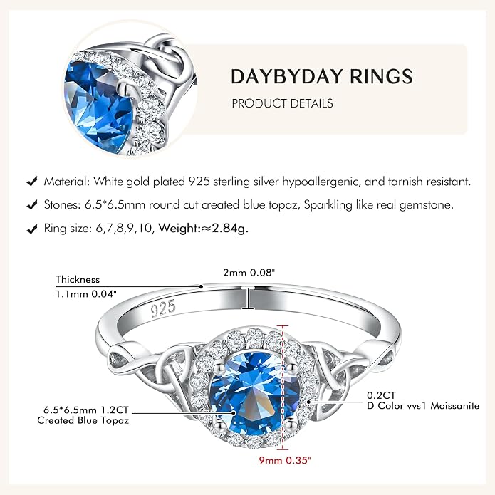 DAYBYDAY Celtic Birthstone Rings for Women 925 Sterling Silver Heart/Round/Pear/Oval Created Gemstone Moissanite Halo Engagement Promise Rings for Her Wife Birthday Anniversary Wedding Jewelry