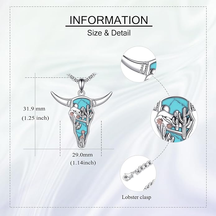 Turquoise Western Necklace Sterling Silver Moon Kokopelli/Cow Skull/Zia Sun/Mountains Pendant Necklace Turquoise Jewelry for Women Hikers Campers