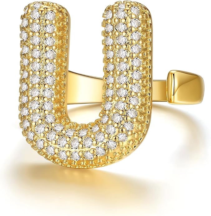 KeyStyle Bold Initial Letter Rings Adjustable, GoldChic Jewelry Women Gold Statement Ring Personalized Engraved Women’s Open Signet Ring for Party (Gold, White Gold, Black)